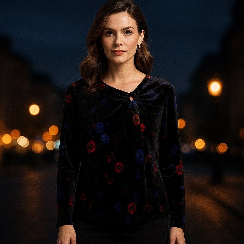 Women Top Size XL Black Velvet Moody Floral Whimsigoth Romantic Evening Blouse